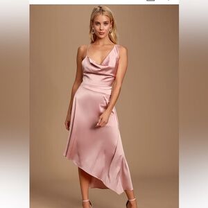 Serena mauve pink satin cowl neck asymmetrical midi dress